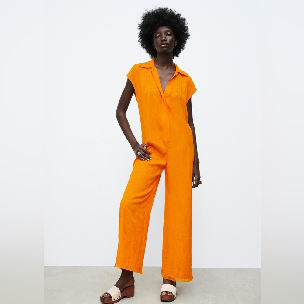 Zara modal golden textured jumpsuit raw hem - Picture 2 of 6